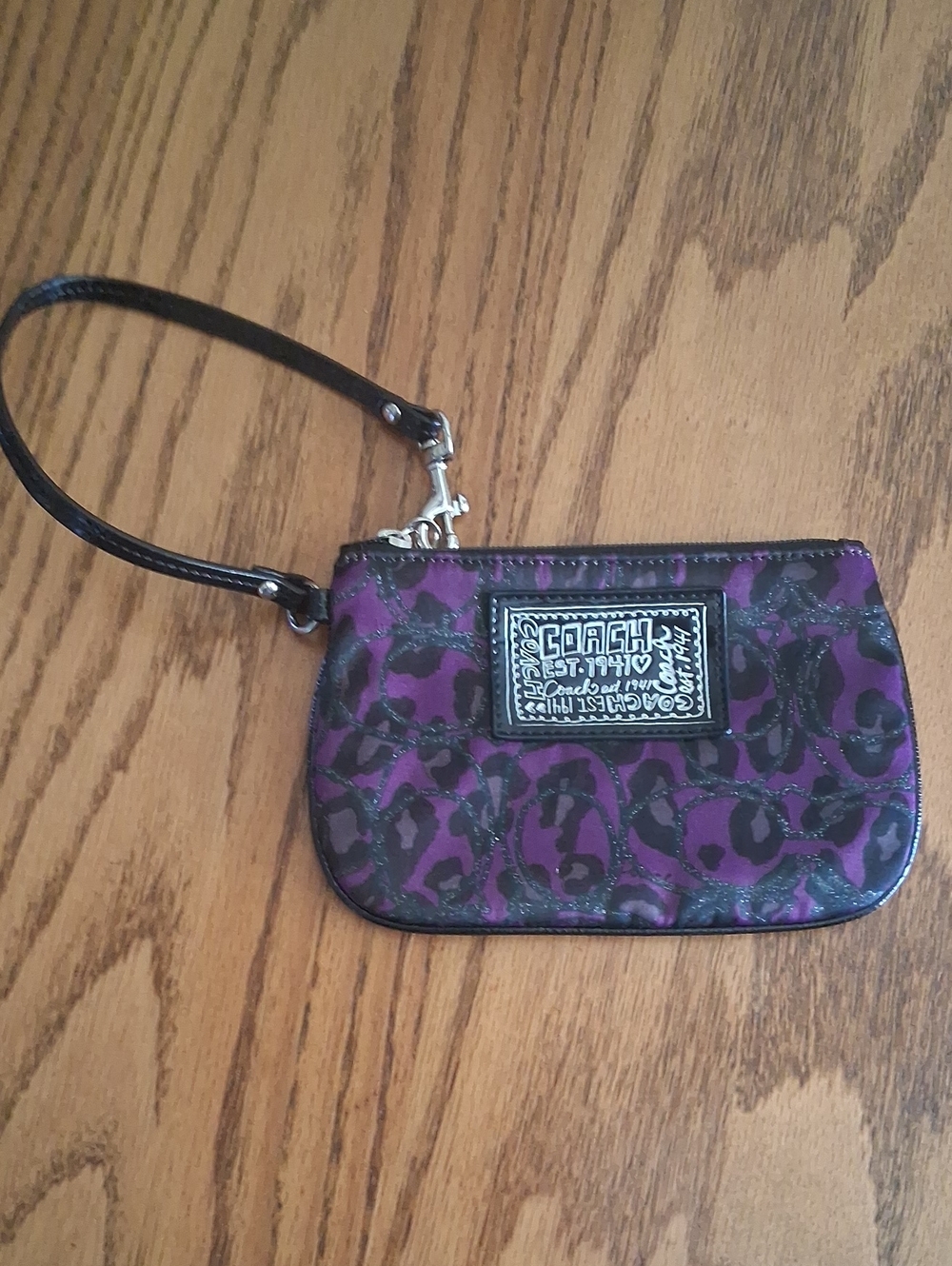 Coach Poppy Purple and Black Metallic Ocelot Wristlet with Logo Patch